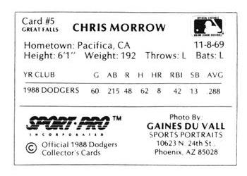 1988 Sport Pro Great Falls Dodgers #5 Chris Morrow Back