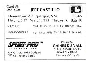 1988 Sport Pro Great Falls Dodgers #8 Jeff Castillo Back