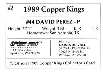 1989 Sport Pro Butte Copper Kings #2 David Perez Back