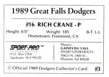 1989 Sport Pro Great Falls Dodgers #3 Rich Crane Back