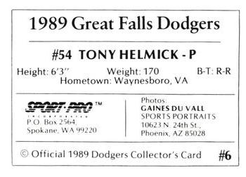 1989 Sport Pro Great Falls Dodgers #6 Tony Helmick Back