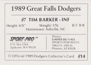 1989 Sport Pro Great Falls Dodgers #14 Tim Barker Back
