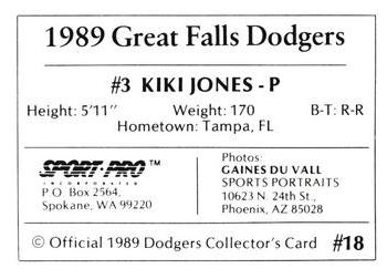 1989 Sport Pro Great Falls Dodgers #18 Kiki Jones Back