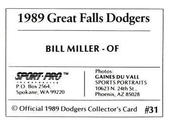 1989 Sport Pro Great Falls Dodgers #31 Bill Miller Back