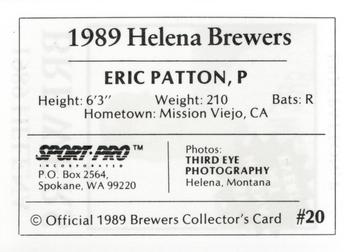 1989 Sport Pro Helena Brewers #20 Eric Patton Back