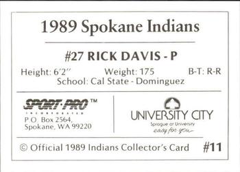 1989 Sport Pro Spokane Indians #11 Rick Davis Back