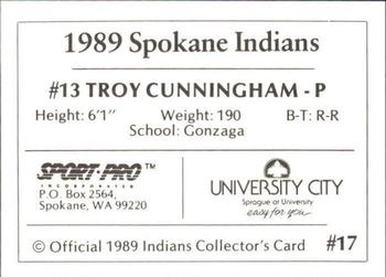 1989 Sport Pro Spokane Indians #17 Troy Cunningham Back