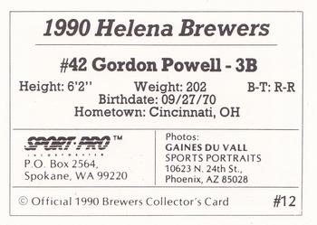 1990 Sport Pro Helena Brewers #12 Gordon Powell Back