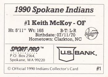 1990 Sport Pro Spokane Indians #1 Keith McKoy Back