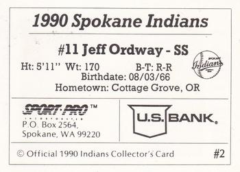 1990 Sport Pro Spokane Indians #2 Jeff Ordway Back