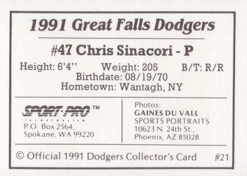 1991 Sport Pro Great Falls Dodgers #21 Chris Sinacori Back