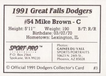 1991 Sport Pro Great Falls Dodgers #3 Mike Brown Back