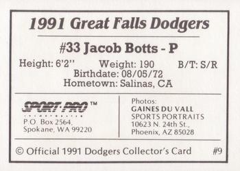 1991 Sport Pro Great Falls Dodgers #9 Jacob Botts Back
