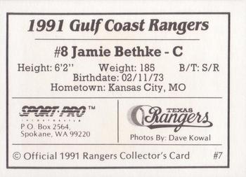 1991 Sport Pro Gulf Coast Rangers #7 Jamie Bethke Back