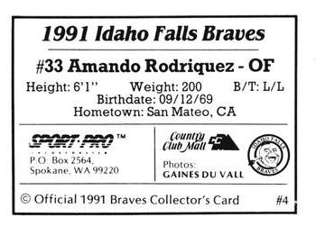 1991 Sport Pro Idaho Falls Braves #4 Armando Rodriguez Back