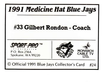 1991 Sport Pro Medicine Hat Blue Jays #24 Gilbert Rondon Back