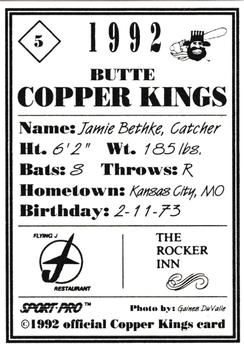 1992 Sport Pro Butte Copper Kings #5 Jamie Bethke Back
