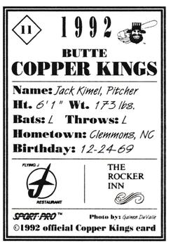 1992 Sport Pro Butte Copper Kings #11 Jack Kimel Back