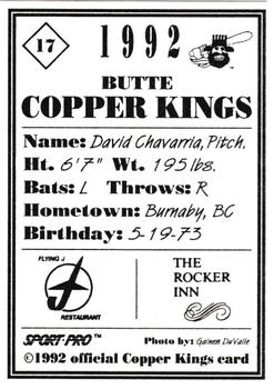 1992 Sport Pro Butte Copper Kings #17 David Chavarria Back
