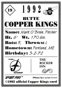 1992 Sport Pro Butte Copper Kings #19 Mark O'Brien Back