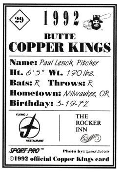 1992 Sport Pro Butte Copper Kings #29 Paul Lesch Back