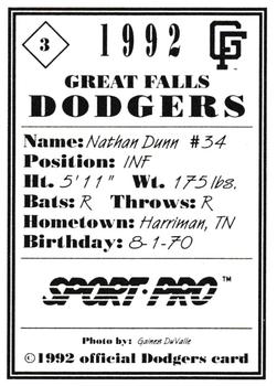 1992 Sport Pro Great Falls Dodgers #3 Nathan Dunn Back