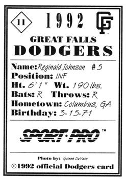 1992 Sport Pro Great Falls Dodgers #11 Reginald Johnson Back