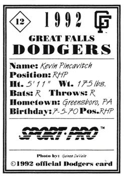 1992 Sport Pro Great Falls Dodgers #12 Kevin Pincavitch Back