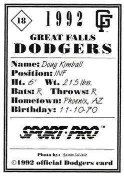 1992 Sport Pro Great Falls Dodgers #18 Doug Kimball Back