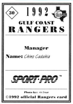 1992 Sport Pro Gulf Coast Rangers #30 Chino Cadahia Back