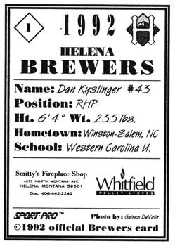 1992 Sport Pro Helena Brewers #1 Dan Kyslinger Back