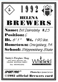 1992 Sport Pro Helena Brewers #5 Bill Dobrolsky Back