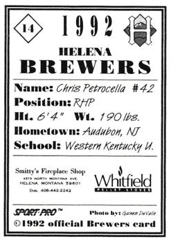 1992 Sport Pro Helena Brewers #14 Chris Petrocella Back