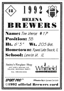 1992 Sport Pro Helena Brewers #18 Tim Unroe Back