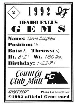 1992 Sport Pro Idaho Falls Gems #2 David Bingham Back