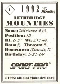 1992 Sport Pro Lethbridge Mounties #1 Todd Hudson Back