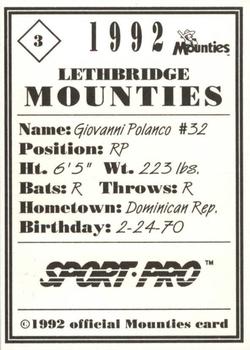 1992 Sport Pro Lethbridge Mounties #3 Giovanni Polanco Back