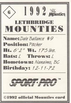 1992 Sport Pro Lethbridge Mounties #6 Dale Ballance Back