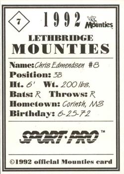 1992 Sport Pro Lethbridge Mounties #7 Chris Edmondson Back