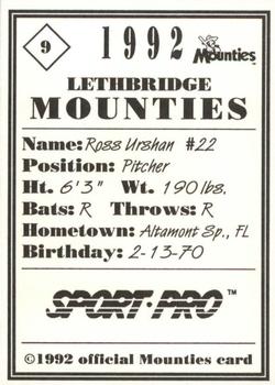 1992 Sport Pro Lethbridge Mounties #9 Ross Urshan Back