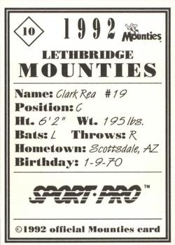 1992 Sport Pro Lethbridge Mounties #10 Clarke Rea Back