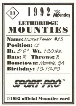 1992 Sport Pro Lethbridge Mounties #13 Marcus Ponder Back