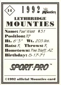 1992 Sport Pro Lethbridge Mounties #14 Paul West Back