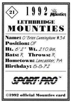 1992 Sport Pro Lethbridge Mounties #21 O'Brian Cunningham Back