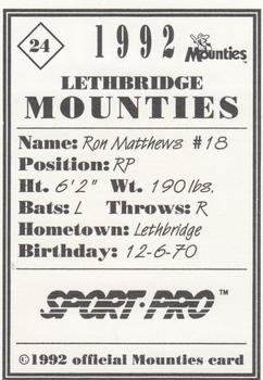 1992 Sport Pro Lethbridge Mounties #24 Ron Matthews Back
