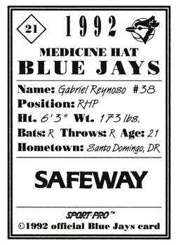 1992 Sport Pro Medicine Hat Blue Jays #21 Gabriel Reynoso Back