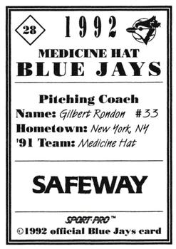 1992 Sport Pro Medicine Hat Blue Jays #28 Gilbert Rondon Back
