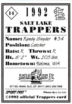 1992 Sport Pro Salt Lake Trappers #14 Randy Snyder Back