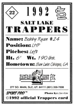 1992 Sport Pro Salt Lake Trappers #22 Bobby Ryan Back