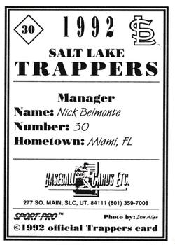 1992 Sport Pro Salt Lake Trappers #30 Nick Belmonte Back